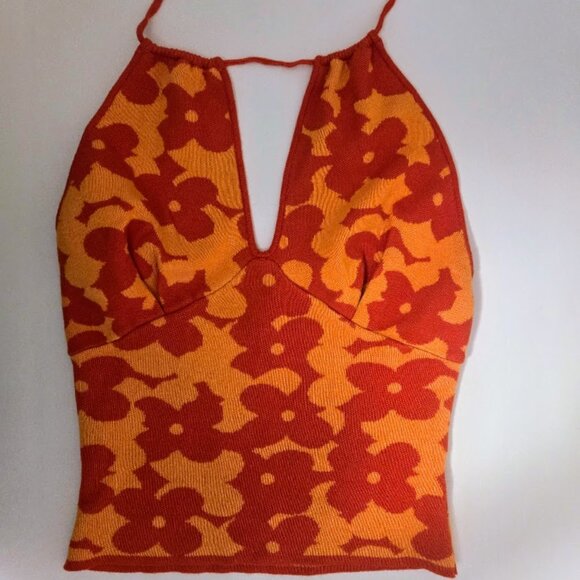Madden Nyc Tops - Women's Orange Floral Halter Knit Top